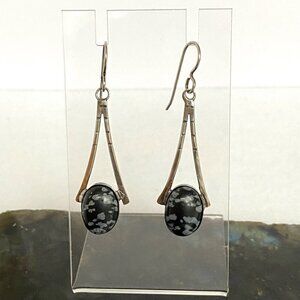 Sterling Silver 925 Modernist 2" Oval Snowflake Obsidian Etched Dangle Earrings